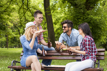 Group of young people having fun in the park while eating pizza and drinking beer.