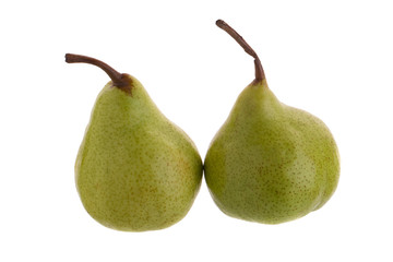 Close up of fresh green pears over white background