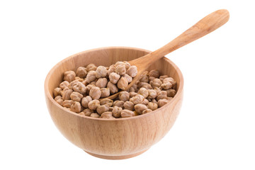 Garbenzo beans on a wooden bowl isolated on a white background