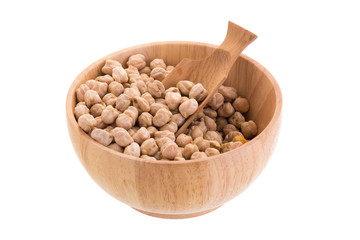 Garbenzo beans on a wooden bowl isolated on a white background