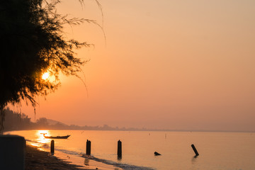 sun on the sky in the evening at the sea,vintage color tone