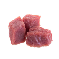 fresh raw beef cubes isolated on white background