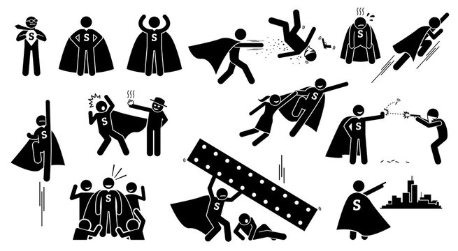 Stickman Superman Superhero. Cliparts depict a hero character in actions. The superhero is beating bad people, flying up, rescuing a girl, and protecting the city from villain.