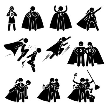Superwoman Heroine Female Superhero. Cliparts depicts a superwoman in various poses and actions. She is also a busy supermom that can do housework and care for her family.
