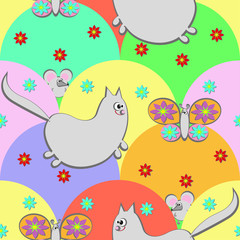 Seamless pattern with cartoon - funny cat and butterfly