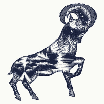 Mountain goat double exposure tattoo art and t-shirt design. Symbol of tourism, rock climbing, travel, outdoor, camping, wildlife. Wild goat tattoo