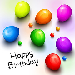 Birthday greeting card with realistic colorful party balloons and balls. Vector.