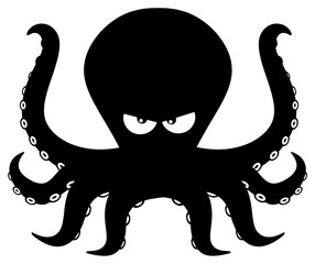 Angry Black Silhouettes Of Octopus Cartoon Mascot Character. Illustration Isolated On White Background