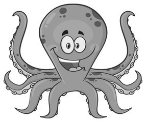 Gray Color Octopus Cartoon Mascot Character. Illustration Isolated On White Background
