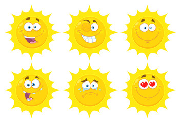 Funny Yellow Sun Cartoon Emoji Face Series Character Set 1. Flat Design Collection Isolated On White