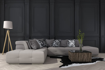 3d rendering classic black wall with sofa