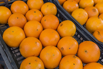 Bunch of fresh mandarin oranges or Tangerines in the black basket in south Italy market