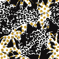 Trendy seamless exotic pattern with palm, animal prints and golden tinsel. Modern abstract design for paper, wallpaper, cover, fabric and other users. Vector illustration.