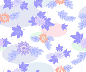 Fototapeta na wymiar Seamless background with blue flowers and ellipses on a uniform white background. EPS10 vector illustration