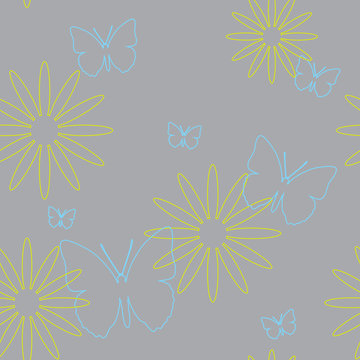 Seamless pattern of butterflies and flowers. 