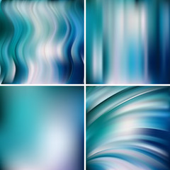 Abstract vector illustration of blue background with blurred light lines. Set of four square backgrounds. Curved lines.