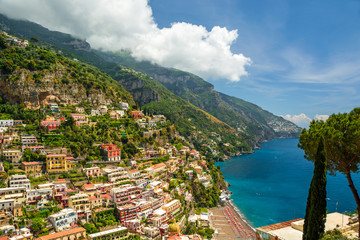 beautiful view of the town of Positano, italy