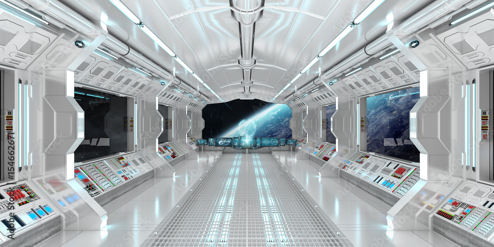 Poster spaceship interior with view on the planet earth 3d rendering elements of this image furnished by na