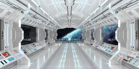 Spaceship interior with view on the planet Earth 3D rendering elements of this image furnished by NASA © sdecoret