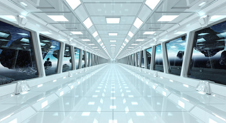 Spaceship corridor with view on the planet Earth 3D rendering elements of this image furnished by NASA © sdecoret