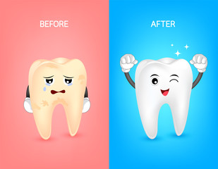 Cartoon tooth character before and after. Whiten yellow teeth. Dental care concept,  illustration.
