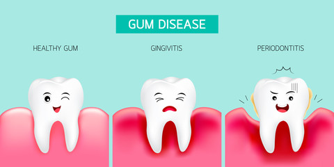 Step of gum disease. Healthy tooth and gingivitis.Cute cartoon design, illustration isolated on green background. Dental care concept. © wowow