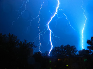 Lightning. Summer rain with a thunderstorm over St. Petersburg.