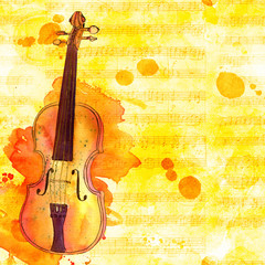 Violin on faded sheet music, golden toned design template