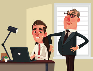 Strict boss businessman watching scared employees office worker character. Vector flat cartoon illustration