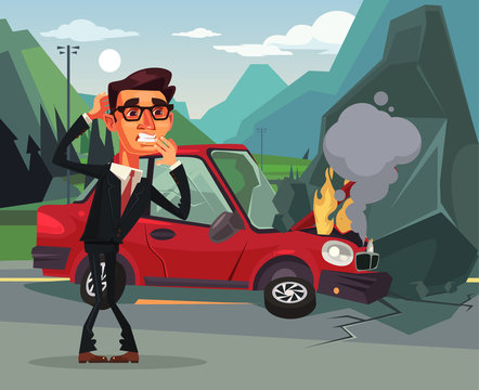Car accident. Angry crying scaring victim businessman office worker character. Vector flat cartoon illustration