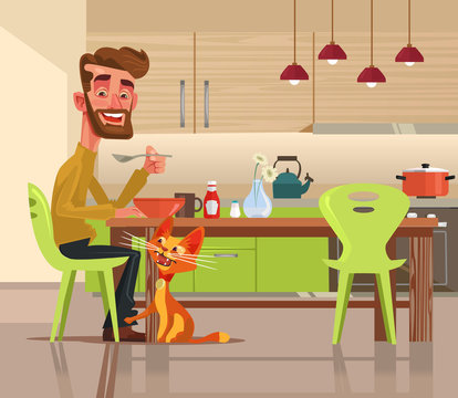 Funny happy cat character asks for food. Vector flat cartoon illustration