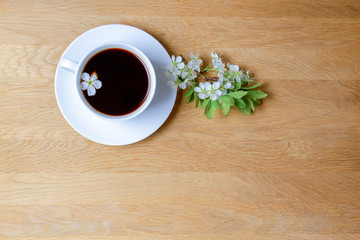 Cup of coffee with spring tree blossoms on wooden background. Copy space. Top view.