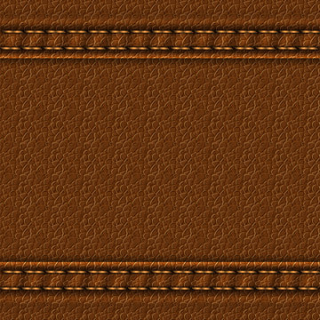 Realistic leather texture with two seams. Brown leather background with stitching. Vector illustration