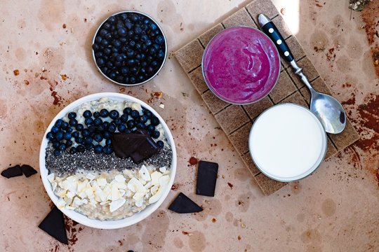 Blueberry Coconut Acai Chia Smoothie Bowl From Above. Food Photography