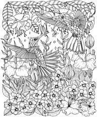 Hummingbirds and flowers coloring page - 154673202