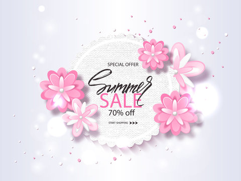 Summer sale banner, poster with beautiful flowers and handwriting lettering. Vector illustration EPS10.