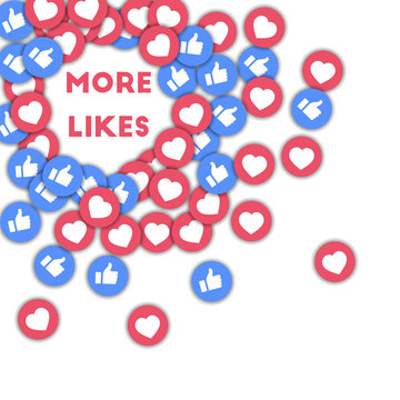 More likes. Social media icons in abstract shape background with scattered thumbs up and hearts. More likes concept in beautiful vector illustration.