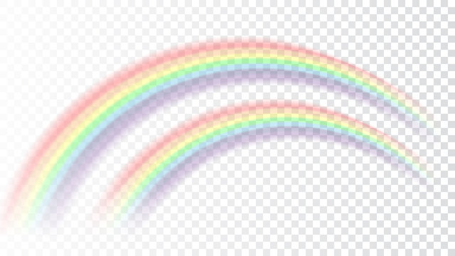 Rainbow icon. Shape arch realistic isolated on white transparent background. Colorful light and bright design element. Symbol of rain, sky, clear, nature. Graphic object Vector illustration