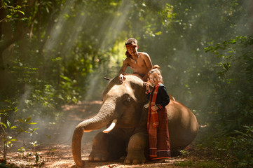 Beautiful woman and elephant with Thai culture traditional ,vintage style