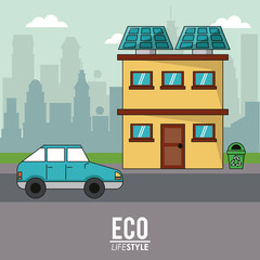 eco lifestyle home house car transport city background vector illustration