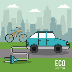 eco lifestyle electric car bike green transport city background vector illustration