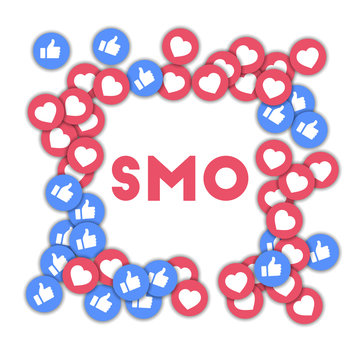 SMO. Social media icons in abstract shape background with scattered thumbs up and hearts. SMO concept in ideal vector illustration.