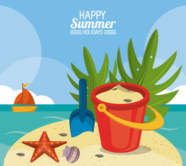 happy summer holidays poster. sand bucket starfish shovel ship palm beach vector illustration