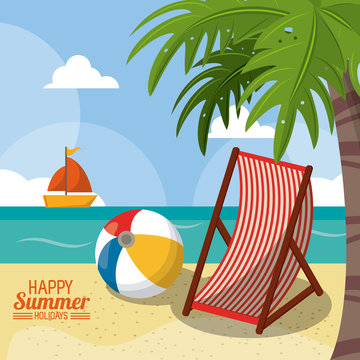 happy summer holidays poster. beach ball chair palm ship sea image vector illustration
