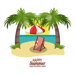 happy summer holidays poster. beach chair umbrella palm sand ocean sun vector illustration