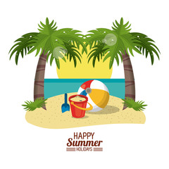 Fototapeta premium happy summer holidays poster. sand bucket ball shovel sun palm beach vector illustration