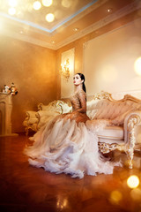 Beauty gorgeous woman in beautiful evening dress in luxurious style interior room. Elegant lady...
