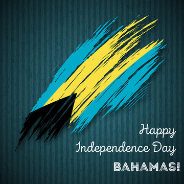 Bahamas Independence Day Patriotic Design. Expressive Brush Stroke in National Flag Colors on dark striped background. Happy Independence Day Bahamas Vector Greeting Card.