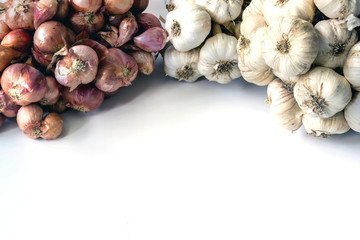 close up ingredient red onion and garlic on white background