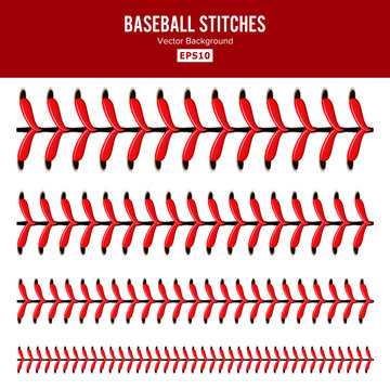 Baseball Stitches Vector. Lace From A Baseball Isolated On White. Sports Ball Red Laces Set.